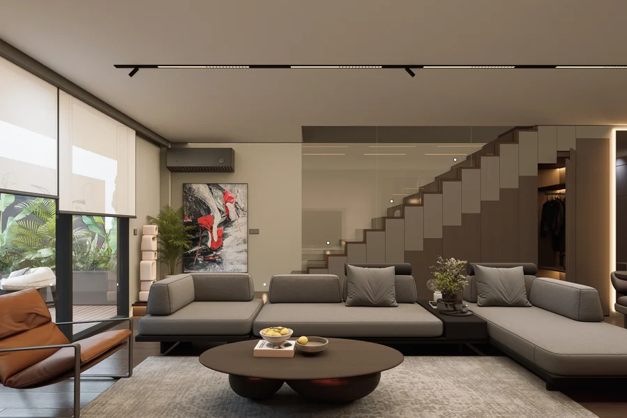 Nev Flat open living space and staircase design