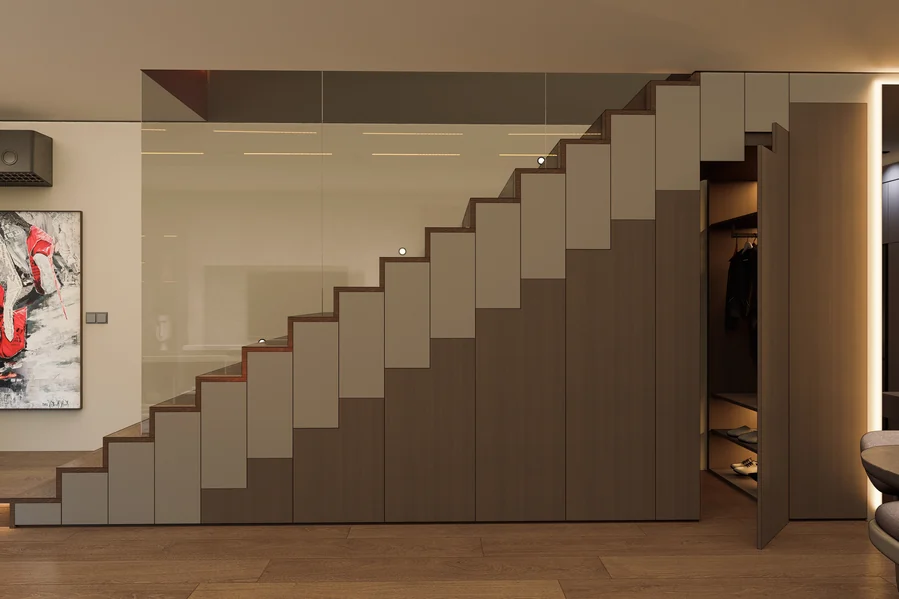 Nev Flat — Staircase and integrated storage